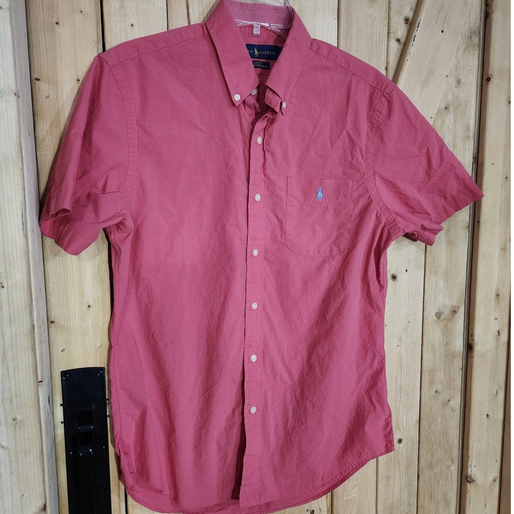 Ralph Lauren Mens Slim Fit Short Sleeve Button Down Shirt Pink Cotton Stretch M
